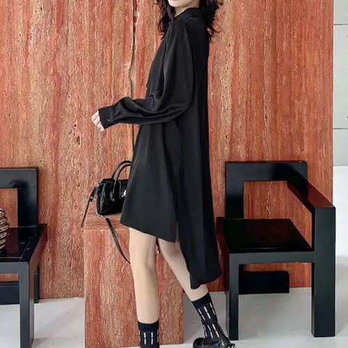 Load image into Gallery viewer, Women Black Irregular Hem Buckle Tassels Elegant Shirt Dress New Lapel Long Sleeve Fashion Tide Spring Autumn 2025 1DH4457
