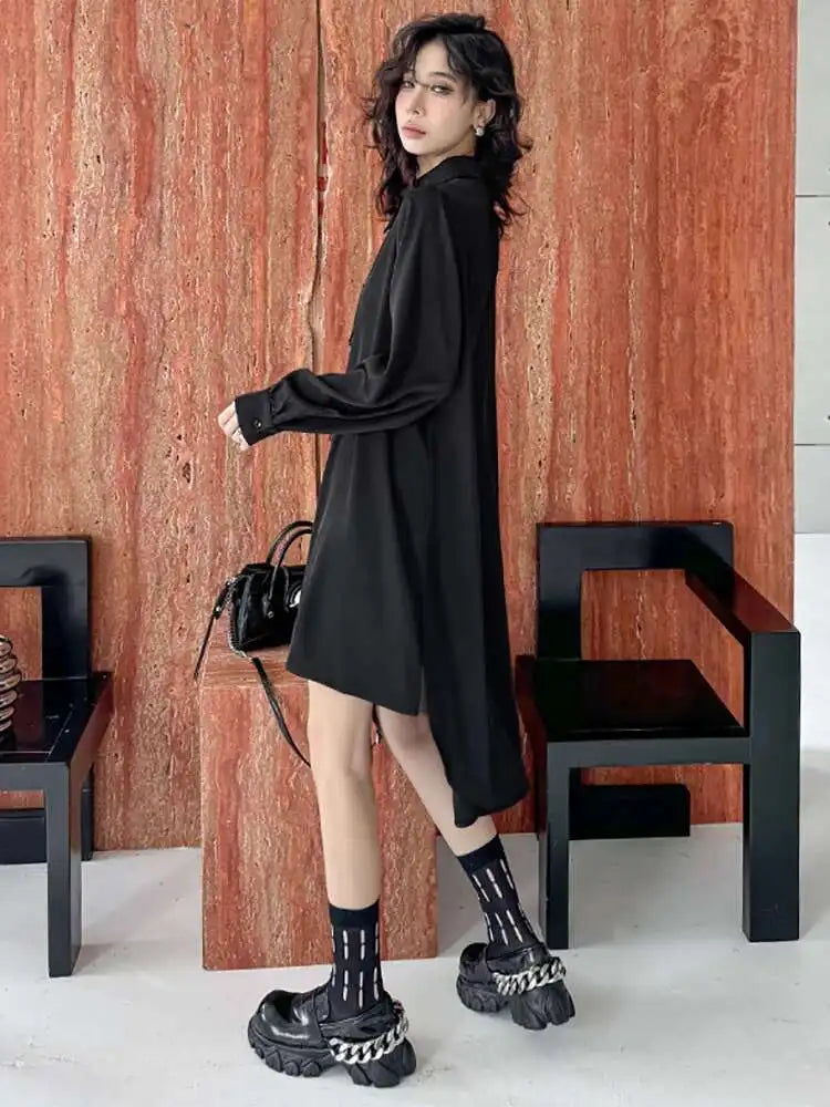 Women Black Irregular Hem Buckle Tassels Elegant Shirt Dress New Lapel Long Sleeve Fashion Tide Spring Autumn 2025 1DH4457