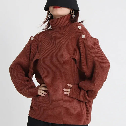 Load image into Gallery viewer, Hollow Out Sweater For Women Turtleneck Lantern Sleeve Knitting Minimalist Sweaters Female Autumn Clothing Fashion
