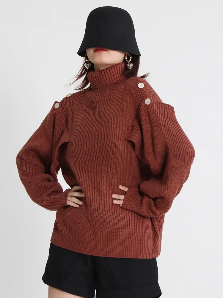 Hollow Out Sweater For Women Turtleneck Lantern Sleeve Knitting Minimalist Sweaters Female Autumn Clothing Fashion