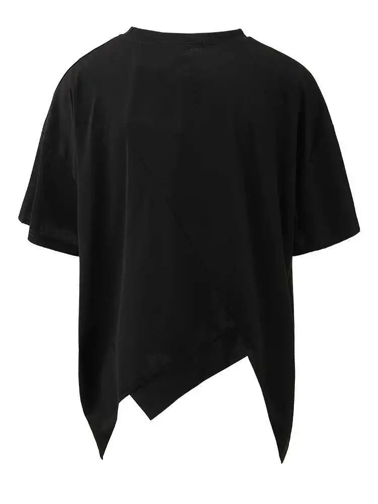 Women Black Irregular Topstitched Big Size Casual T-shirt New Round Neck Short Sleeve Fashion Spring Summer 2025 CPG1353