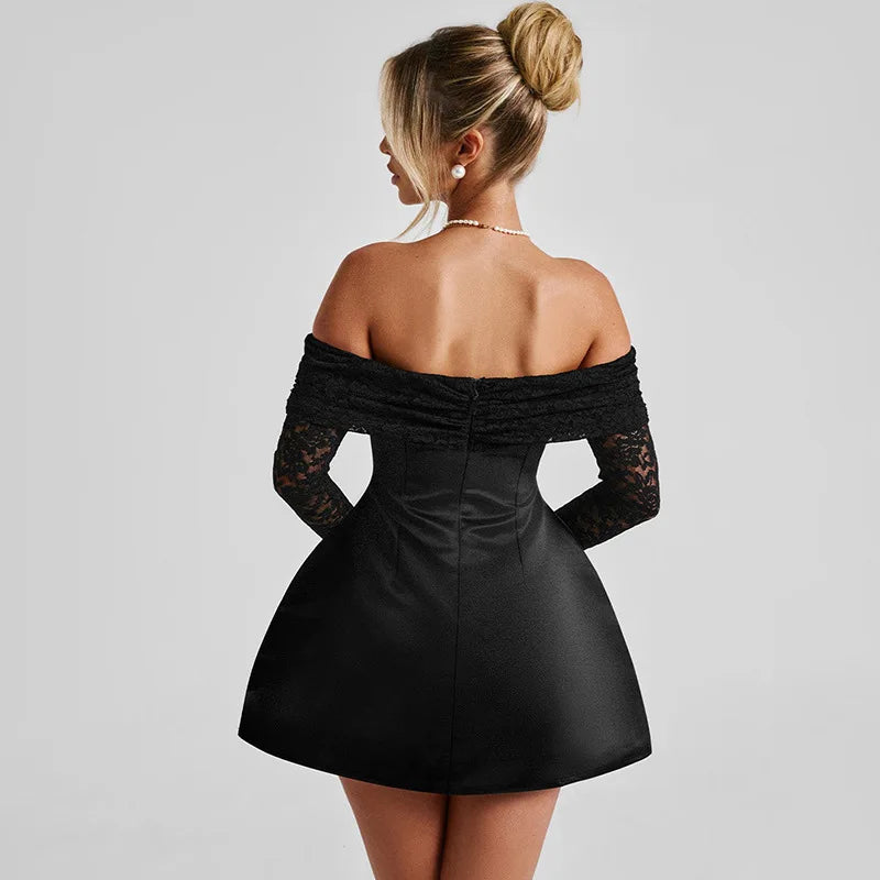 Off-shoulder Long Sleeve Sexy Mini Dress For Women Robe Strapless Backless High Waist A-line Elegant Club Party Dress