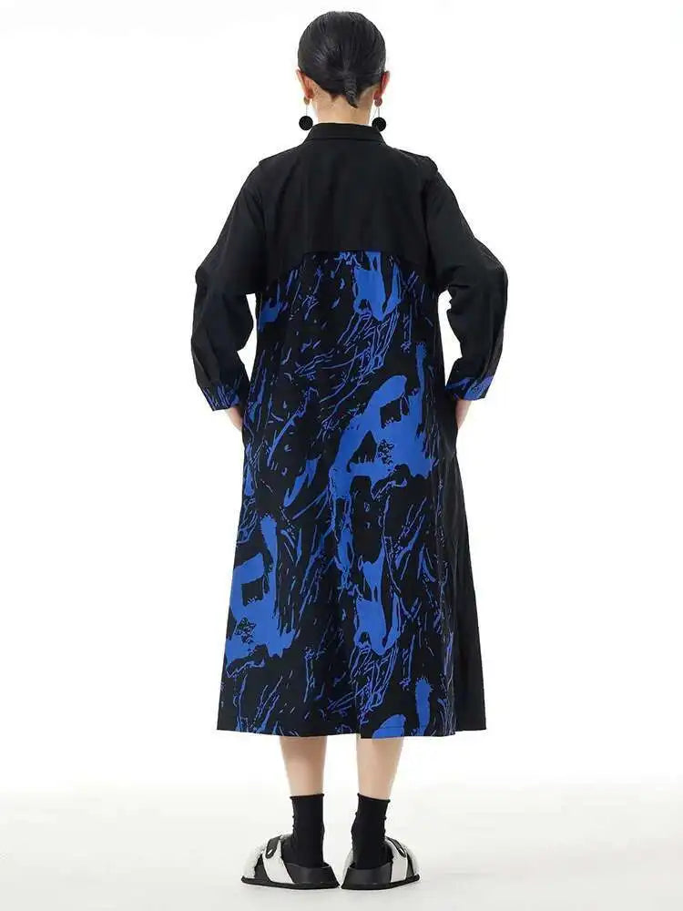 Women White Pattern Printed Big Size Casual Shirt Dress New Lapel Long Sleeve Fashion Tide Spring Autumn 2025 1DH4823