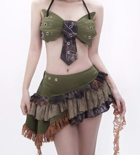 Hit Color Two Piece Set For Women Halter Sleeveless Top High Waist Temperament Mini Skirts Female Fashion Style New