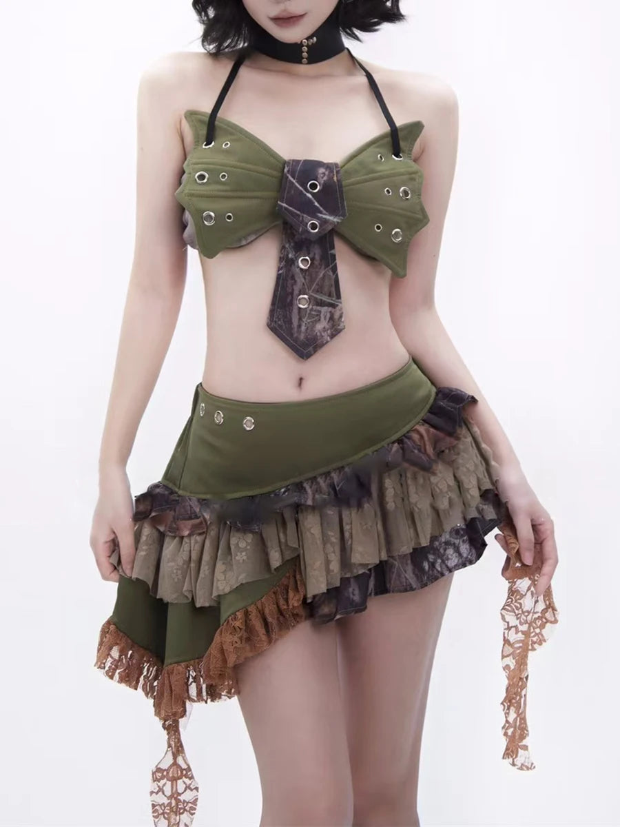 Hit Color Two Piece Set For Women Halter Sleeveless Top High Waist Temperament Mini Skirts Female Fashion Style New