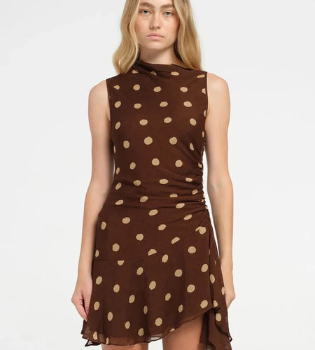 Sleeveless Polka Dot Dress For Woman Fashion Brown Print Mesh O Neck Ruched Mini Dress Elegant Irregular Dresses