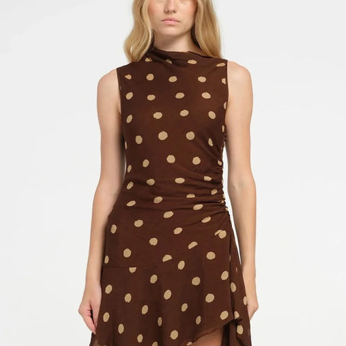 Load image into Gallery viewer, Sleeveless Polka Dot Dress For Woman Fashion Brown Print Mesh O Neck Ruched Mini Dress Elegant Irregular Dresses
