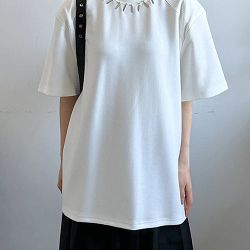 Load image into Gallery viewer, Women Black Metal Decoration Big Size Casual T-shirt New Round Neck Short Sleeve Fashion Tide Spring Summer 2025 1DJ1233
