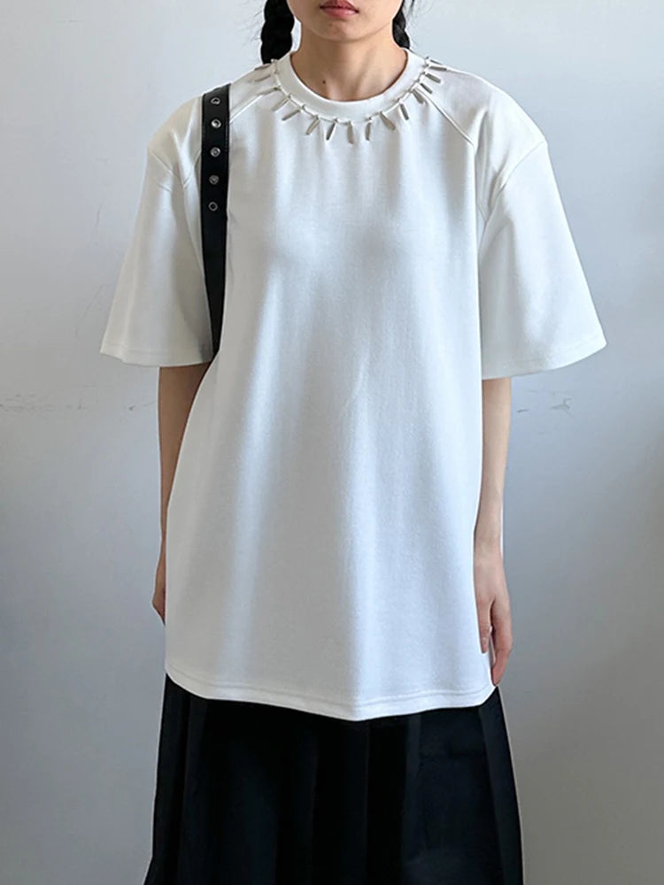 Women Black Metal Decoration Big Size Casual T-shirt New Round Neck Short Sleeve Fashion Tide Spring Summer 2025 1DJ1233