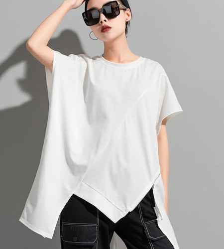 Women Black Zipper Irregular Hem Big Size T-shirt New Round Neck Short Sleeve Fashion Tide Spring Summer 2025 1DJ1761