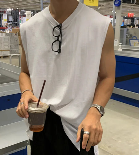 Simple Male Sports Tank Tops O-neck Sleeveless Loose Men's Clothing Solid Color Casual Top Summer Trend 9C6351