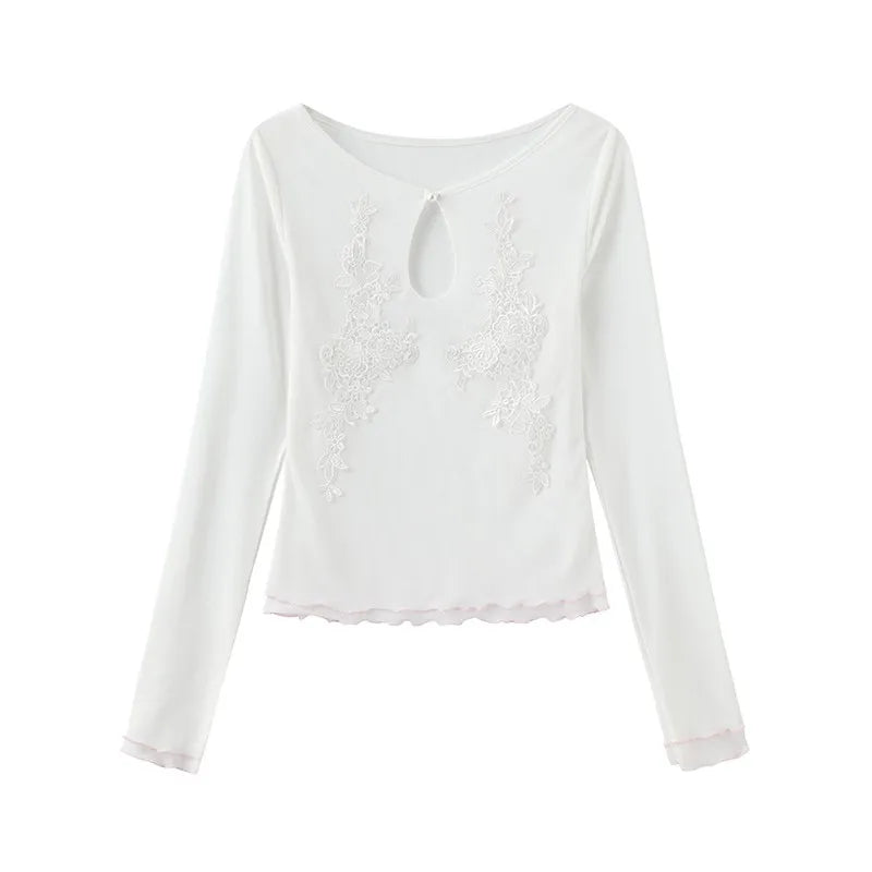 Japanese Y2k Mesh Tops Trashy 2000s Style Embroidery Sheer Tops Vintage Harajuku See Through Long Sleeve T-shirt Fairy