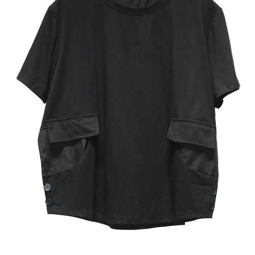 Load image into Gallery viewer, Women Black Pocket Button Big Size Casual T-shirt New Round Neck Short Sleeve Fashion Tide Spring Summer 2025 1DJ1616
