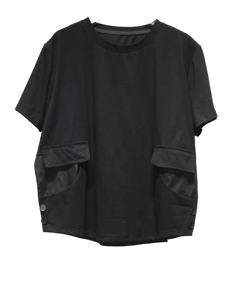 Women Black Pocket Button Big Size Casual T-shirt New Round Neck Short Sleeve Fashion Tide Spring Summer 2025 1DJ1616