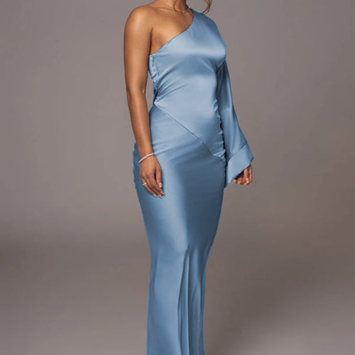 Load image into Gallery viewer, Elegant Long Sleeved Party Evening Dress for Women, Flared Sleeves, Single Shoulder Bodycon, Maxi Dress, Backless Gown
