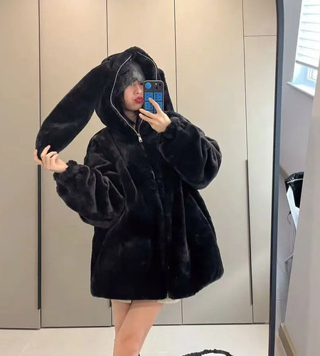 Winter Oversized Warm White Faux Fur Coats Women Clothes Bunny Ears Kawaii Sweet Cute Japanese Y2k Tops Fluffy Jacket Hoodie