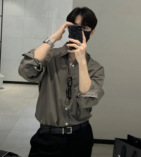 Men's T-shirts Long Sleeve New Korean Style Solid Color Trendy Singel Breasted Turn-down Collar Stylish Male Top 9W1816