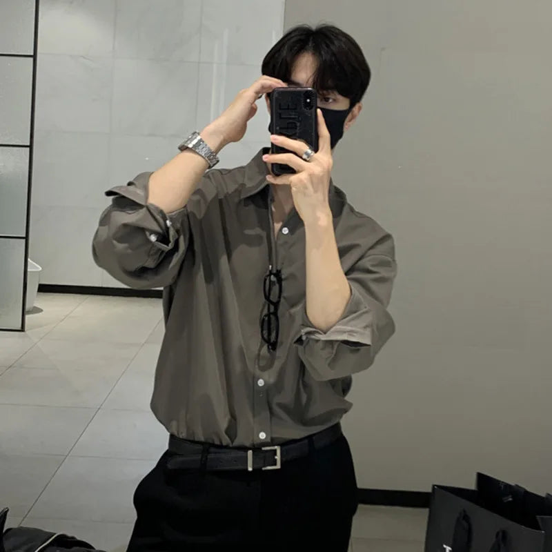 Men's T-shirts Long Sleeve New Korean Style Solid Color Trendy Singel Breasted Turn-down Collar Stylish Male Top 9W1816