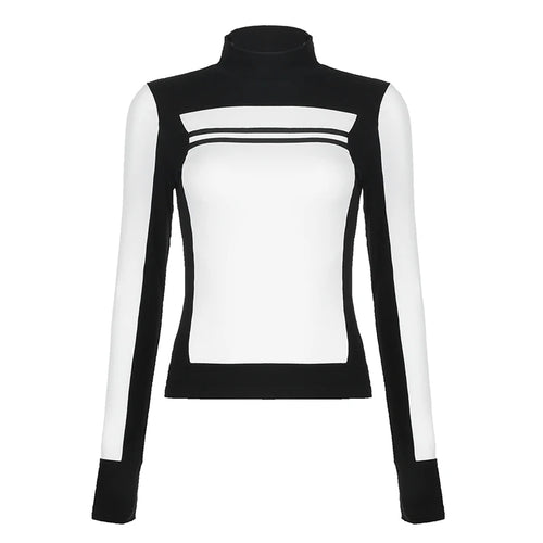 Load image into Gallery viewer, Casual Black White Autumn Pullover Top Skinny Patchwork Turtleneck Tee Shirt Women Basic Long Sleeve Contrast Outfits
