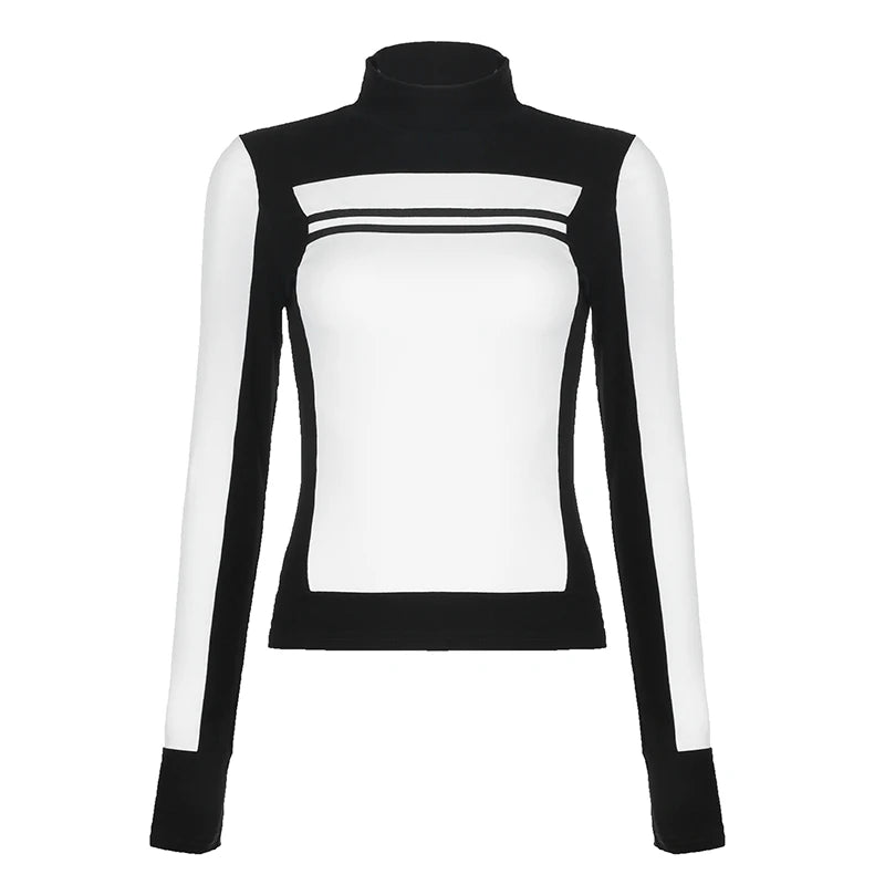 Casual Black White Autumn Pullover Top Skinny Patchwork Turtleneck Tee Shirt Women Basic Long Sleeve Contrast Outfits