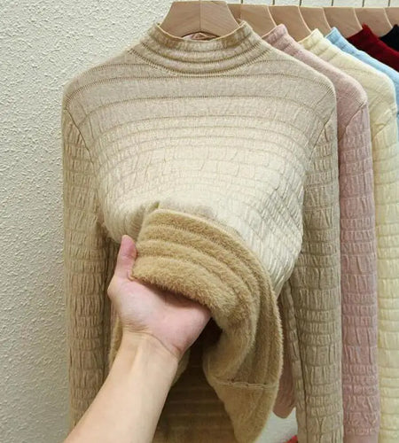 Autumn Winter Korean Fashion Solid Half Height Collar Velvet Knit Sweater Women Warm Long Sleeve Pullovers Tops Casual Popular