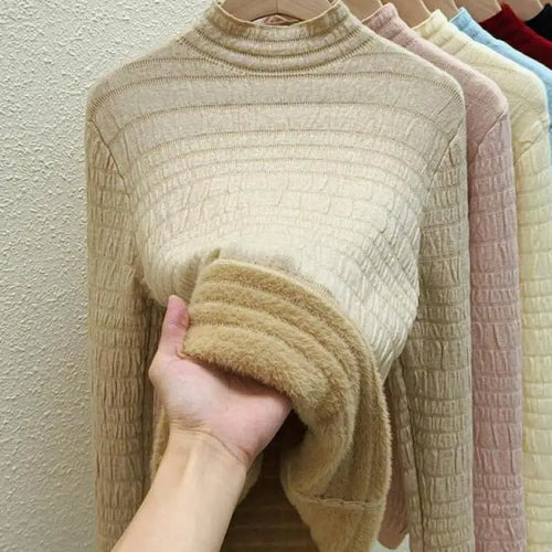 Load image into Gallery viewer, Autumn Winter Korean Fashion Solid Half Height Collar Velvet Knit Sweater Women Warm Long Sleeve Pullovers Tops Casual Popular
