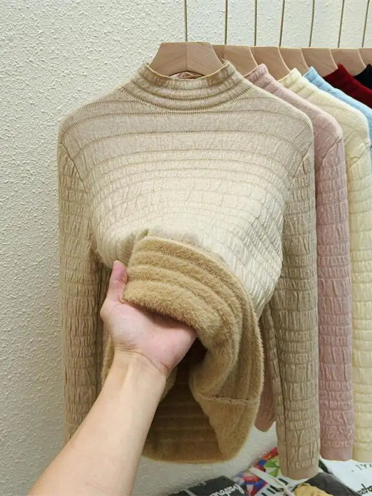 Autumn Winter Korean Fashion Solid Half Height Collar Velvet Knit Sweater Women Warm Long Sleeve Pullovers Tops Casual Popular