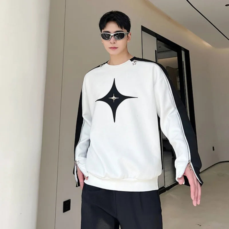 Men Hollow Out T-shirts New Trendy Contrast Color Zipper Niche Design Loose Casual Male Korean Fashion Top Patchwork 9A7261