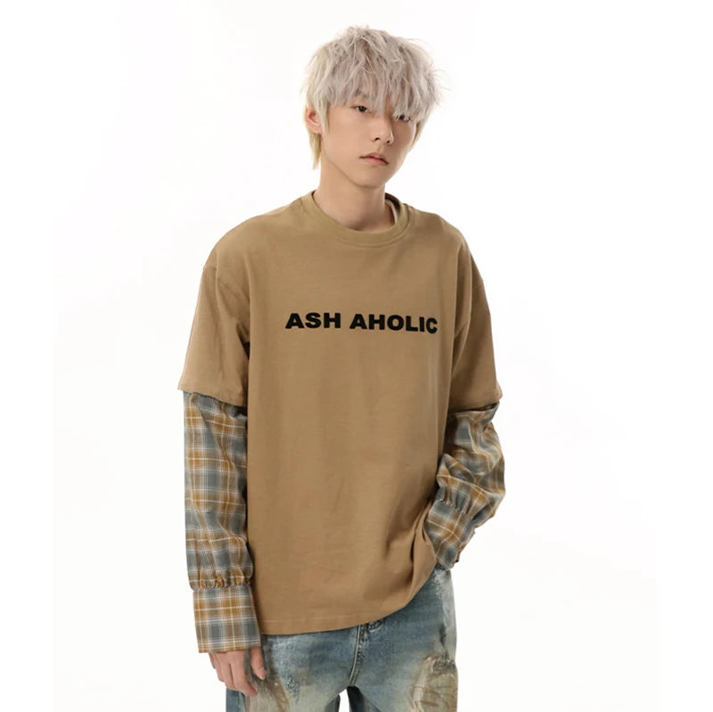 Men's T-shirts New Korean Style Letter Printed Splicing Detachable Plaid Half Sleeve Fashion Causal Menwear Summer 9W1842
