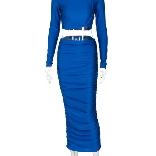 Load image into Gallery viewer, Casual 2 Pcs Sets Solid Long Sleeve Bright Line Sexy Crop T-Shirt Ruched Midi Skirt Women Y2K Clothes Party Vacation
