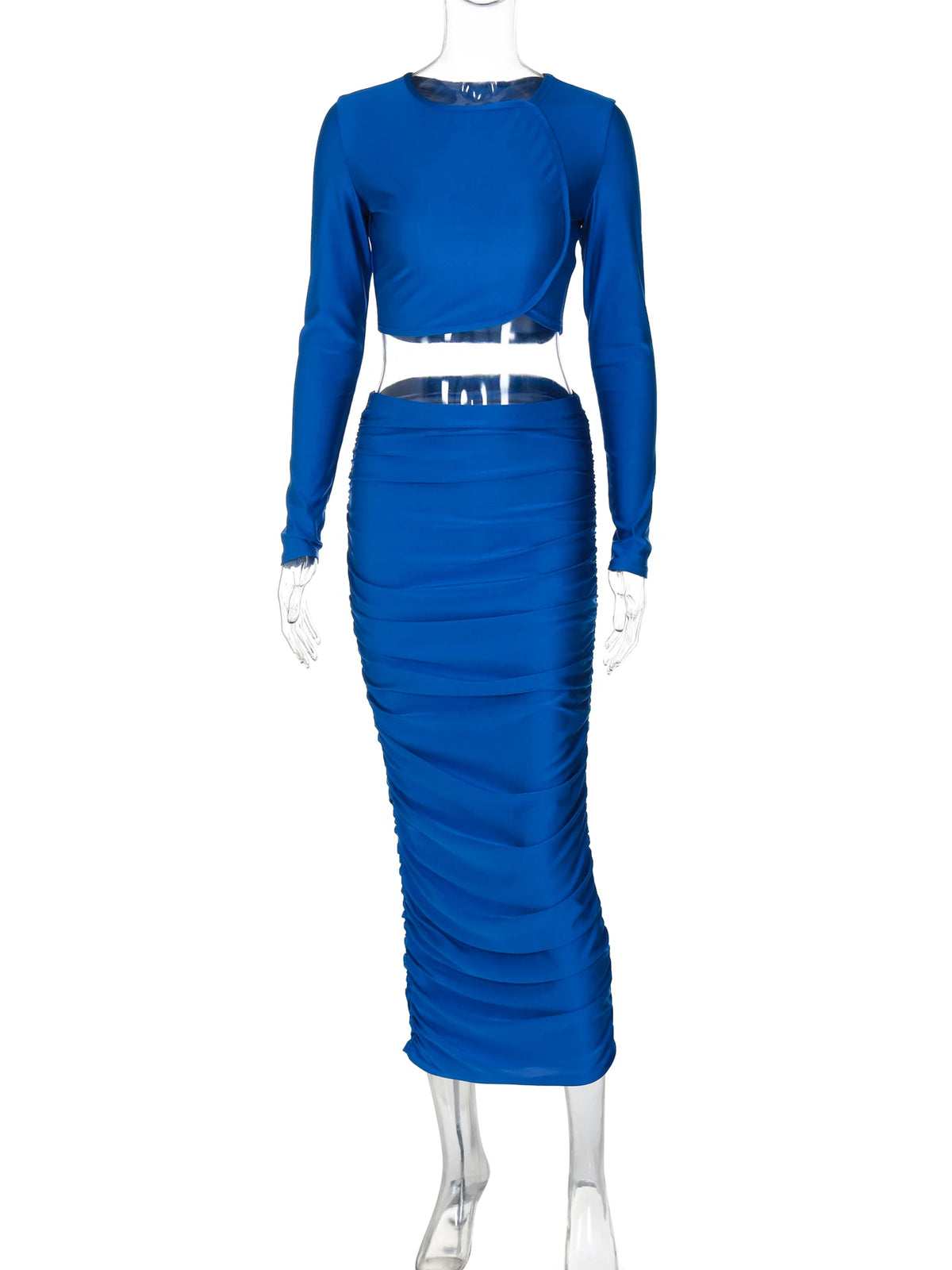 Casual 2 Pcs Sets Solid Long Sleeve Bright Line Sexy Crop T-Shirt Ruched Midi Skirt Women Y2K Clothes Party Vacation