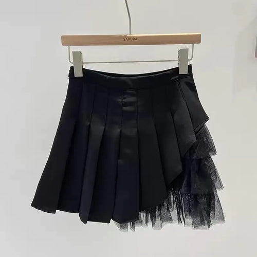 Load image into Gallery viewer, Korean 2024 Spring Summer Women Black Mesh Patchwork High Waist Mini Skirt White Sexy Club Girl Party A-line Pleated Short Skirt
