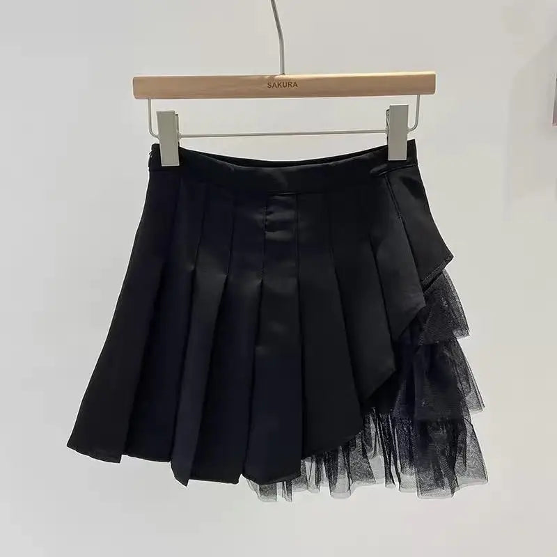 Korean 2024 Spring Summer Women Black Mesh Patchwork High Waist Mini Skirt White Sexy Club Girl Party A-line Pleated Short Skirt