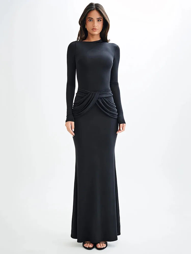 Elegant Long Sleeved Elastic Tight Long Dress Women Bodycon Pleated Evening Dress Slimming Party Club Vestido Fall 2024