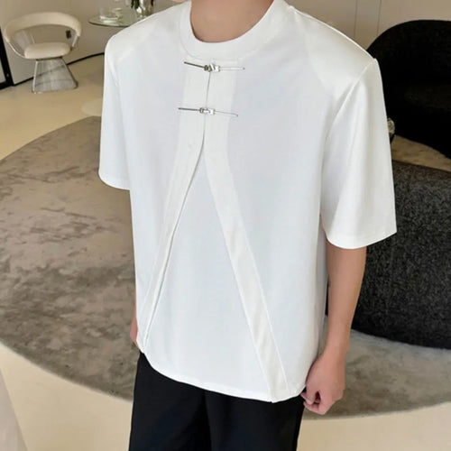 Load image into Gallery viewer, Men&#39;s Wear Summer O-neck T-shirt Trendy Personalized Short Sleeve Top Metal Buckle Decoration Shoulder Pad Tee 9C6007
