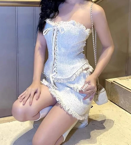 Elegant Spliced Tassels Two Piece Sets for Women Strapless Sleeveless Patchwork Lace Up Vest Mini Skirt Set Female