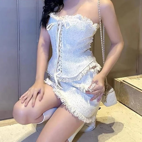 Load image into Gallery viewer, Elegant Spliced Tassels Two Piece Sets for Women Strapless Sleeveless Patchwork Lace Up Vest Mini Skirt Set Female
