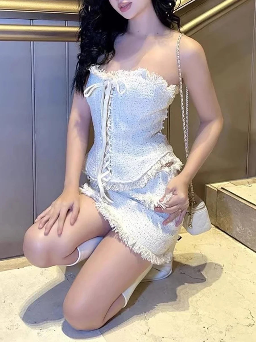 Elegant Spliced Tassels Two Piece Sets for Women Strapless Sleeveless Patchwork Lace Up Vest Mini Skirt Set Female