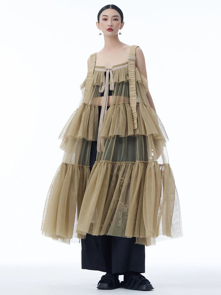 Women Black Mesh Perspective Big Size Strap Dress New Square Collar Sleeveless Fashion Tide Spring Summer 2025 1DJ1242