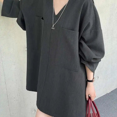 Load image into Gallery viewer, Women Gray Double Pocket Big Size Elegant Mini Dress New V--Neck Long Sleeve Fashion Tide Spring Autumn 2025 1DH7310

