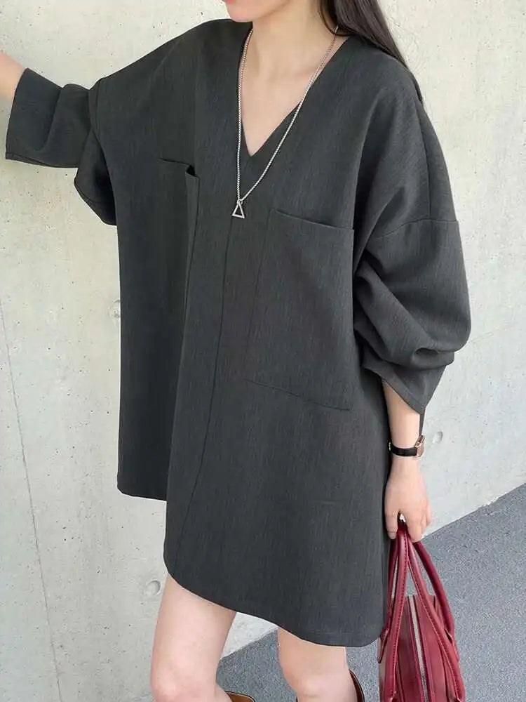 Women Gray Double Pocket Big Size Elegant Mini Dress New V--Neck Long Sleeve Fashion Tide Spring Autumn 2025 1DH7310