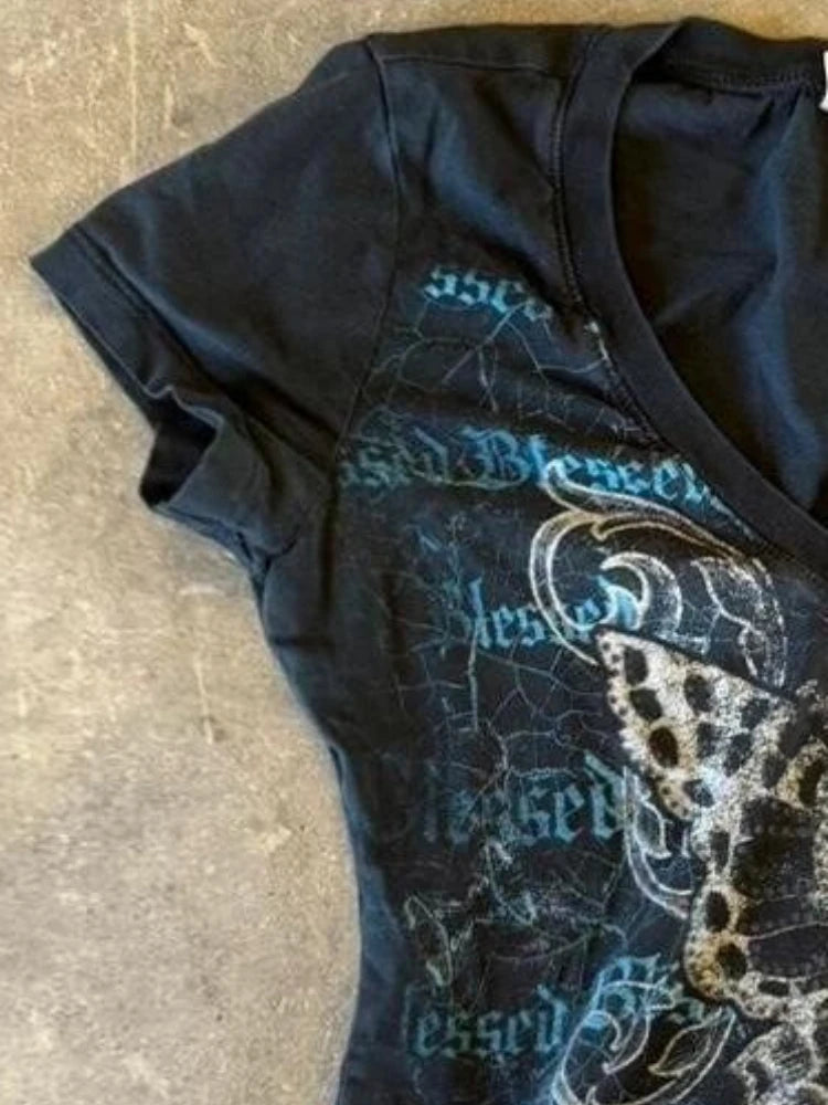 Harajuku Fairy Cropped Butterfly Printing T Shirts Vintage Grunge Streetwear Tops Women Summer Y2k Aesthetic Casual Crop Shirts