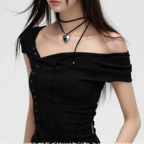 Load image into Gallery viewer, 2024 Ropa Mujer Tshirts Women Slash Neck Short Sleeve Tees Crop Tops Fashion Summer T Shirts Single Breasted Black Y2k T-shirt
