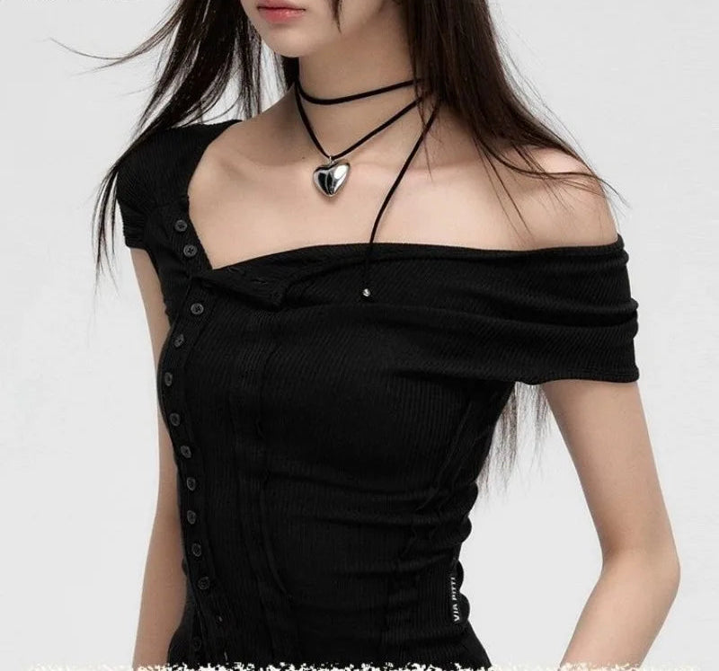 2024 Ropa Mujer Tshirts Women Slash Neck Short Sleeve Tees Crop Tops Fashion Summer T Shirts Single Breasted Black Y2k T-shirt