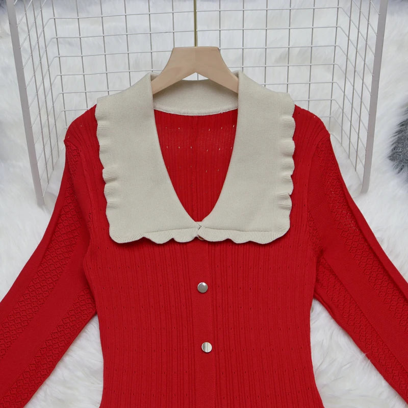 Korean Women's Autumn Black Patchwork Long Sleeved Casual Dress Fashion Red Purple Single Breasted Office Knit Dress Holiday New