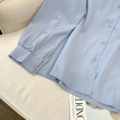 Load image into Gallery viewer, Spring Blue Patchwork Lace Shirt Women Elegant Doll Collar Long Sleeved Blouses Korean Preppy Style Button Cute Tops Retro Trend
