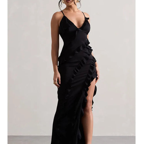 Load image into Gallery viewer, Elegant Spaghetti Strap Backless Charming Dress For Women 2024 Summer Sexy V-neck Ruffle Edge Split Party Evening Dress
