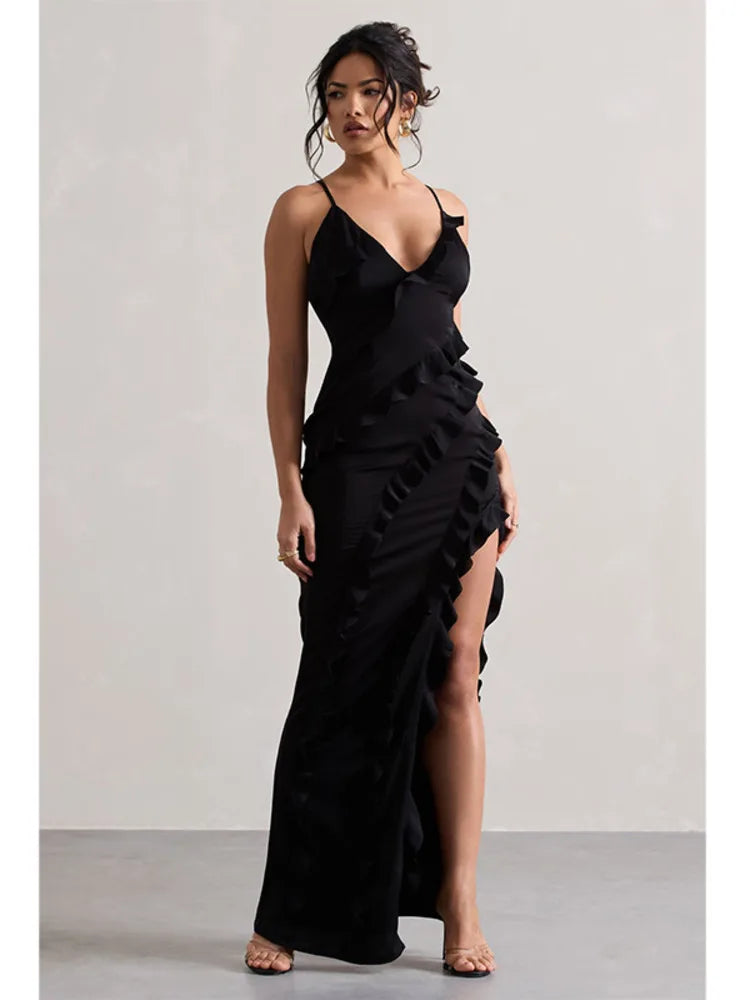 Elegant Spaghetti Strap Backless Charming Dress For Women 2024 Summer Sexy V-neck Ruffle Edge Split Party Evening Dress