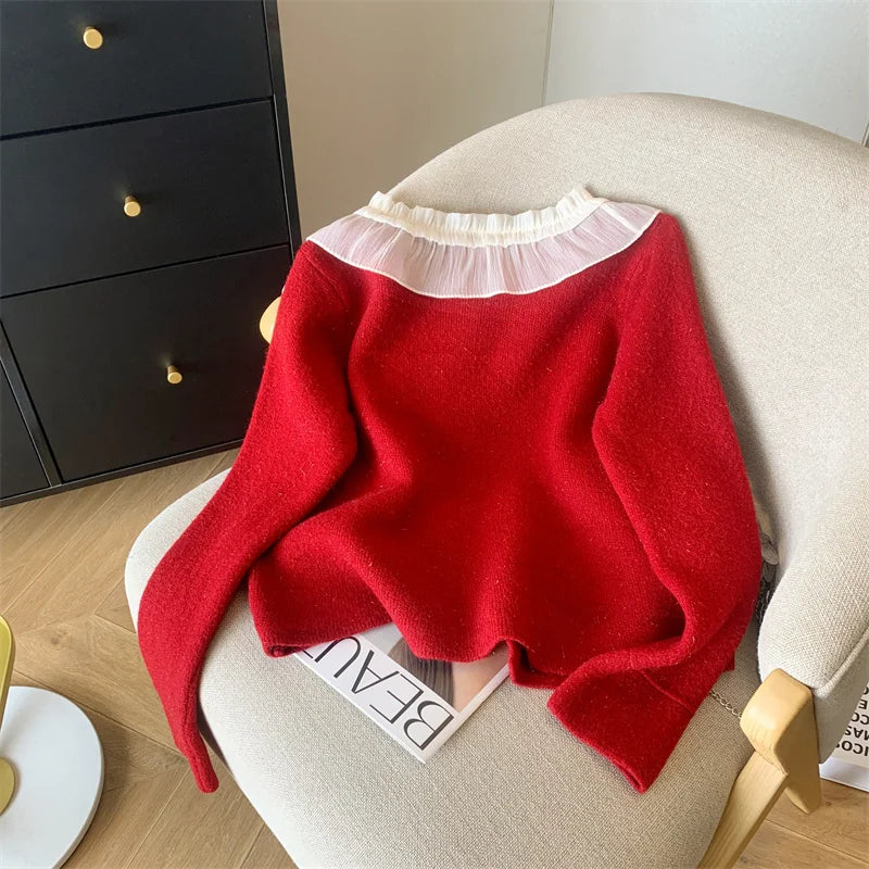 Women White Patchwork Cardigan Sweater Red Long Sleeve Ruffles Doll Collar Office Lady Knit Button Tops 2024 Spring Autumn Trend