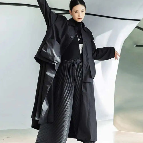 Load image into Gallery viewer, Women Black Big Size Long Pocket Trench New Lapel Long Sleeve Loose Fit Windbreaker Fashion Spring Autumn 2025 1DE3081
